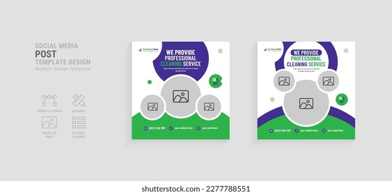 Minimal cleaning service social media post template design. Green color business social ads.