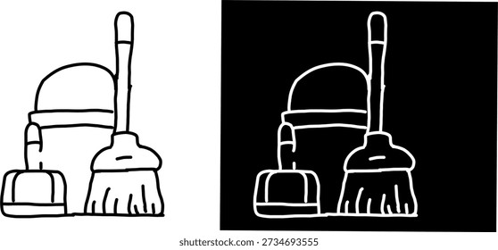 Icono de herramientas de limpieza mínima que muestra el cepillo y el émbolo del inodoro en blanco y negro. Diseño de línea simple ideal para App, interfaz de usuario, logotipos, higiene y temas de saneamiento.