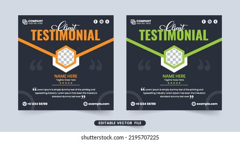 Minimal Client Review And Customer Feedback Layout Template For Businesses And Websites. Customer Testimonial With Orange And Green Text Effect On Dark Backgrounds. Client Service And Work Review.