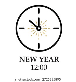 Minimal clock icon showing midnight, flat vector illustration, modern New Year branding asset, clean geometry, centered composition, white background