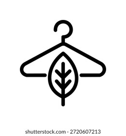 Minimale Kleiderbügel Symbol mit einem Blatt Symbol, die nachhaltige Mode, umweltfreundliche Kleidung und umweltbewusste Kleidung in einer sauberen Linie Vektorstil