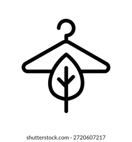 Minimale Kleiderbügel Symbol mit einem Blatt Symbol, die nachhaltige Mode, umweltfreundliche Kleidung und umweltbewusste Kleidung in einer sauberen Linie Vektorstil