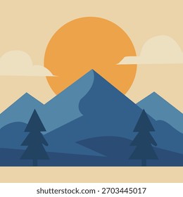 Nube mínima, sol, montaña y árbol de Navidad, paisaje, tierra, árbol, naturaleza, Vector, invierno, navidad, diseño, día de fiesta, año, bosque, Anuncio, cielo, montaña, tarjeta, estación, arte, nuevo, frío, pino, sn