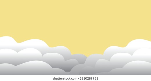 Minimal clouds, background, abstract, sky, and papercut design featuring layered white clouds on a soft yellow sky with clean copy space and a modern style.