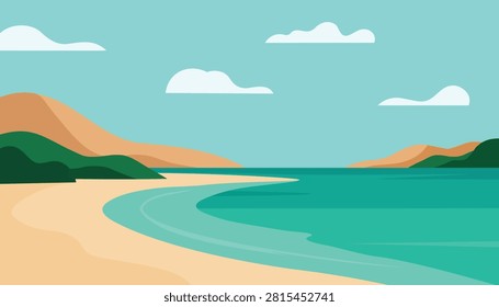 Minimal coastal landscape with a curved sandy beach, calm turquoise sea, distant green hills, warm brown mountains, and soft white clouds under a pale blue sky, ideal for travel posters, summer banners, websites, and nature backgrounds.