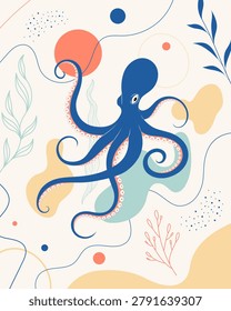 Minimal coastal vector illustration featuring blue octopus with abstract ocean plants, coral elements, and flowing sea shapes on a light background. Suitable for marine decor, seafood branding, posters, and nautical themed graphics.