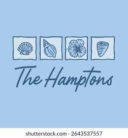 A minimal coastal-style illustration featuring seashell icons and "The Hamptons" text. Ideal for t-shirts, posters, and summer-themed products.
