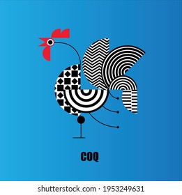 minimales Huhn - Hahn-Symbol, geometrisches Design, für Poster, T-Shirts, Karten einzeln auf blauem Hintergrund