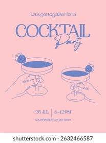 Minimal cocktail party invitation with two hands holding drinks. Modern pink and blue line art design, perfect for summer events, bars, parties, and social media.