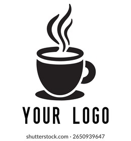 Logotipo de xícara de café mínimo - Design de vetor estilo silhueta de caneca de bebida quente com vapor, ideal para cafés, lojas de café, marca de restaurante, ícones de menu e embalagem de alimentos