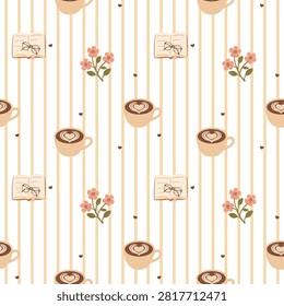 Minimal Coffee Cup and Open Book Seamless Pattern with Floral Accents and Vertical Stripes Background