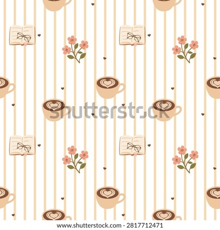 Minimal Coffee Cup and Open Book Seamless Pattern with Floral Accents and Vertical Stripes Background