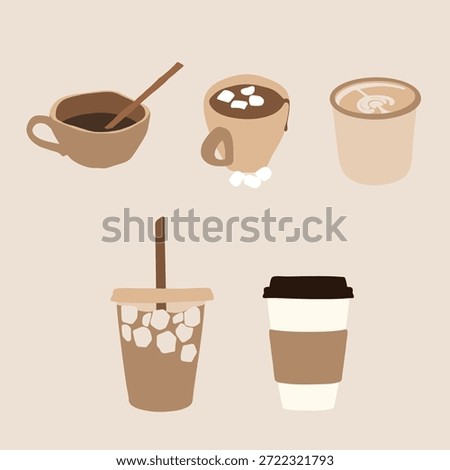 Minimal Coffee Drink Illustration Set with Hot and Iced Beverages in Neutral Brown Tones