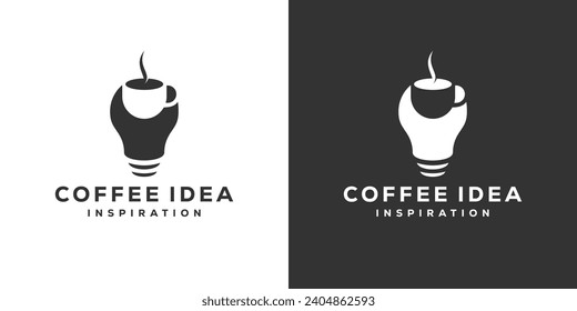 Logo Mínimo de Idea del Café. Soluciones de café de reflexión inteligente. Taza de café con plantilla de diseño de logotipo de bombillas ligeras.