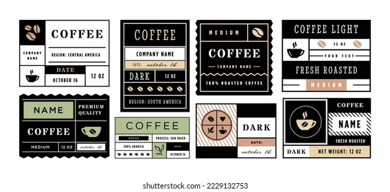 Minimal coffee label template. Vintage sticker layout for ground coffee beans packaging, geometric frame vector set. Fresh roasted or sun dried product with cup of aromatic drink emblem