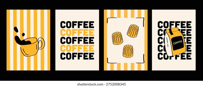 Minimal coffee posters with cups, beans and sweet pastry elements in striped retro backgrounds. Modern cafe vector illustrations for coffee shop branding and trendy wall decor.