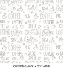 Minimal coffee-themed seamless pattern with hand-drawn typography, cups, beans, and a clean white background