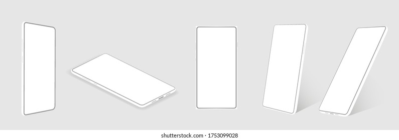 Minimal collection mockups smartphones at different angles for presentation. (Isometric, perspective, frontal view). White 3d realistic mobile phones with blank screen. Isolated cellphone set. Vector