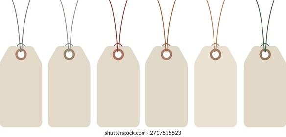 Una colección mínima de seis etiquetas colgantes o etiquetas de papel beige en blanco con varias cuerdas de colores. Este gráfico de Vector limpio proporciona una Plantilla geométrica versátil para el Precios, la marca y las exhibiciones comerciales al por menor.
