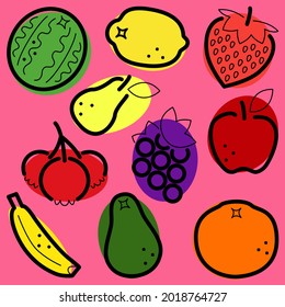 Minimal Colored Fruit Line Icons on a Pink Background