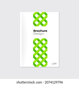 Minimale farbige Broschüre, Faltblatt. Grünes Sieb wie geometrische Formen auf weißem Hintergrund.