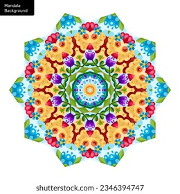 Plantilla mínima de ilustración vectorial de color de flores mandala. Mandala étnica con colorido adorno tribal. Patrón de ornamento redondo. Elementos decorativos de época. Portada de la página del libro coloreado. Vector EPS 10