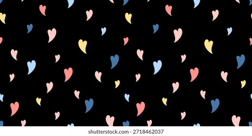 Minimal colorful hearts seamless pattern on black background, Valentines day graphic, Romantic design.