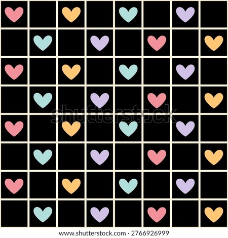 Minimal colorful hearts seamless pattern, Valentines day paper, Checkered background, Romantic repeat backdrop, Vector illustration.
