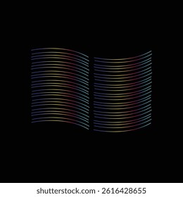 Minimal colorful wave lines forming an open book shape with abstract gradient effect on black background