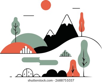 minimal colorfull hill and tree vector