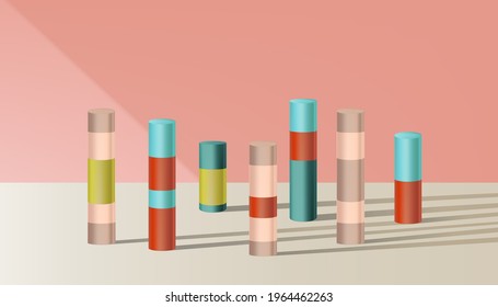 Minimal colourful tubes display stand on brown floor with light and shadow with pink walls,Vector Realistic 3D isolated presentation, Cosmetic product display or Spa Showcase