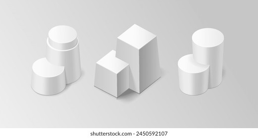 Minimal Kolumnen Podeste realistische Vektorillustration gesetzt. Mockup-Stufen für Werbung in der Isometrie. Leere Promo steht 3D-Objekte auf weißem Hintergrund