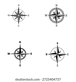 Minimal compass rose icons isolated on white background, representing navigation, direction, orientation, travel, and geographic guidance. Ideal for maps, apps, logos, infographics, adventure branding, educational materials, and exploration themed designs.