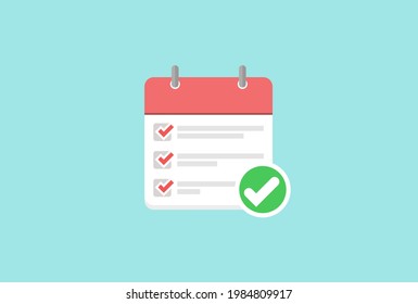 Minimal completed checklist with dummy text. Todo memo, shopping list, memo pad with checkmark and square box on a light blue background. Simple Vector Flat design illustration with long shadow. 