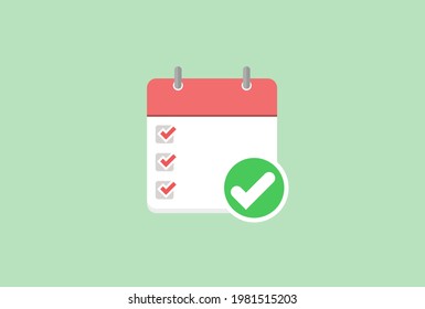 Minimal completed checklist. Todo memo, shopping list, memo pad with checkmark and square box on a light green background. Simple and stylish Vector Flat design illustration with long shadow. 