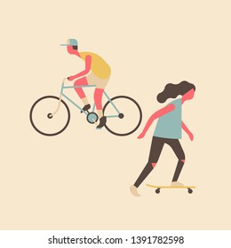 Minimal composition of abstract characters riding bicycle and skate. City skater and cyclist concept vector illustration. Urban outdoors activities