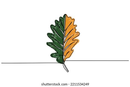 Minimal composition with half fresh half dried oak leaf on pastel cream background. Creative autumn nature concept.Autumn leaves and forests line art. Autumnal mood. Continuous line art thanksgiving