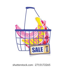 Composición mínima con una cesta de la compra llena de plátanos estilizados. Junto a un Cupón con la palabra “venta” escrita en él