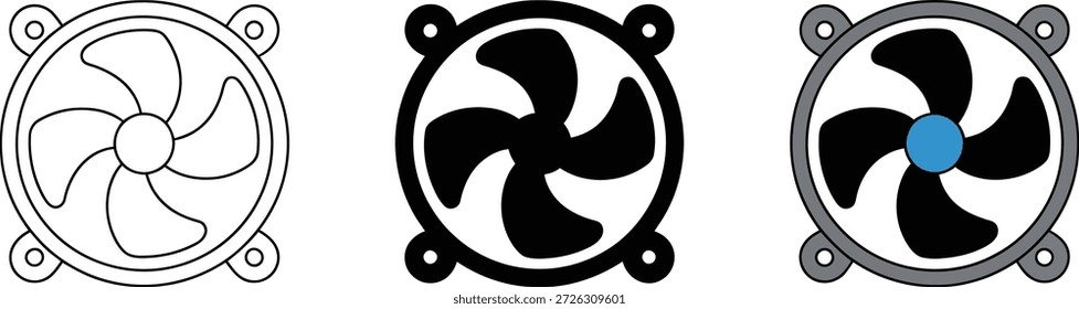 Icono de ventilador de computadora mínimo esquema dibujo líneas negras simples ilustración digital dispositivo de refrigeración símbolo de ventilación tres variaciones incluidas