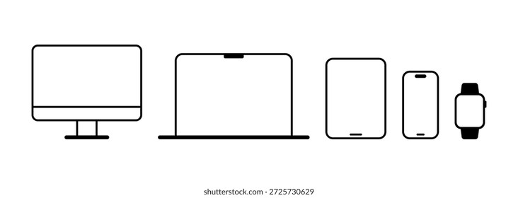 Mínimo ordenador, ordenador portátil, tableta, teléfono móvil, y reloj inteligente conjunto de iconos. Dispositivos de tecnología moderna iconos planos colección, Ilustración vectorial