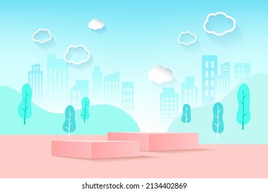 Minimal concept mock up podium with landscape background 3d render.
Vector illustration in simple minimal geometric flat style, city landscape with buildings, hills and trees, abstract background
