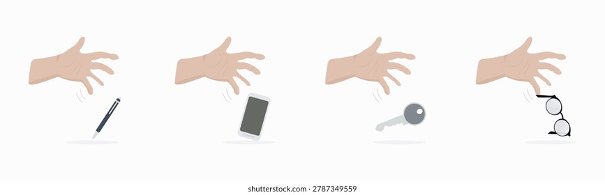 Minimal conceptual vector illustration set showing weak hand losing grip of everyday objects, representing ALS, muscle weakness, motor disability and loss of autonomy.