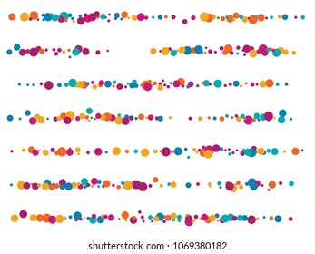 Minimal confetti circle decoration for banner background, holiday vector illustration. Childish color round confetti dots, circles chaotic scatter, trendy rich bokeh background.