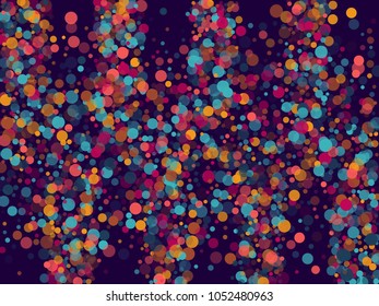 Minimal confetti circle decoration for card background, holiday vector illustration. Childish color round confetti dots, circles chaotic scatter, trendy rich bokeh background.
