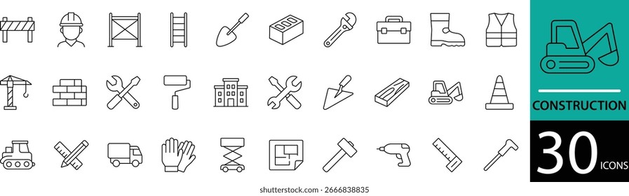 Minimal Construction Line Icon Set 30 Clean Outline Symbols for Building, Tools, and Architecture Design