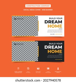 minimal construction social media timeline cover template design with an image placement, orange black and white color used in the design. two color variation, web banner. editable, organized. vector 