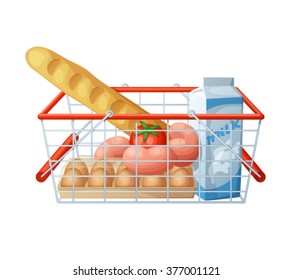 Minimal consumer basket isolated on white background. Cartoon vector illustration. Bread, sausages, milk, tomato, eggs