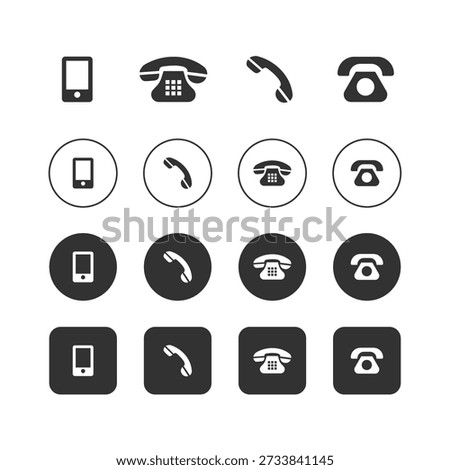 Minimal contact icon set with phone mobile and call symbols in outline filled circle and rounded square styles for web app and ui design