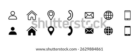 Minimal Contact Info Icon Set - User, Home, Location, Phone, Email, Web, Mobile -Line and Solid Style