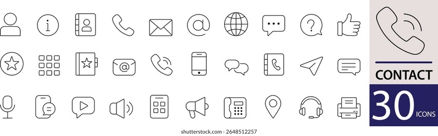 Minimal Contact Line Icon Set 30 Clean Outline Designs for Communication, Call, and Email Use